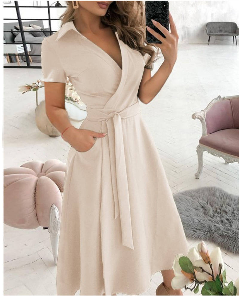 Wrap Dress Work - Vestido midi de manga corta con