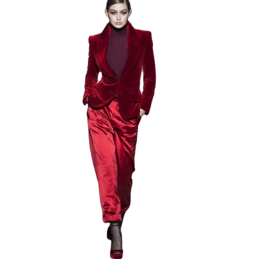 Women Formal Wear Blazers - Traje de terciopelo rojo vino para